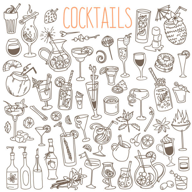 Cocktails and party drinks doodles set. Hand drawn vector illustration isolated on white background alcohol drink drawings stock illustrations