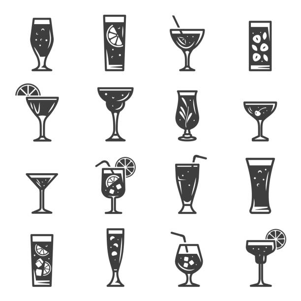 Cocktails assortment bold black silhouette icons set isolated on white. Summer beverages in glass cup. Cocktails assortment bold black silhouette icons set isolated on white. Summer beverage in glass cup with straw, lemon slice, ice cubes pictograms collection, logos. Drinks vector elements for web. cocktail silhouettes stock illustrations