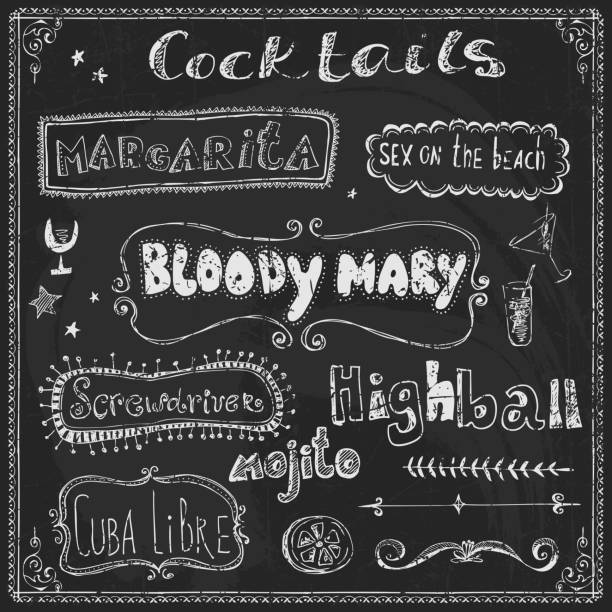 Cocktails doodles - chalk lettering Hand drawn cocktails doodles screwdriver drink stock illustrations