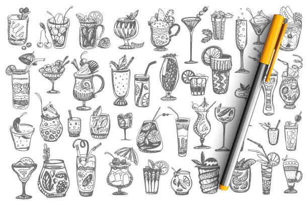 Cocktails hand drawn doodle set Cocktails doodle set. Collection of different alcoholic summer tropical beverages beer vodka wine isolated on white background. Bad habit alcohol addiction illustration. smoothie drawings stock illustrations