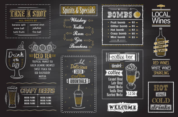 Cocktails menu chalkboard set Cocktails menu chalkboard set, hand drawn posters for tea, coffee, spirits cocktails, shots, bombs, craft beers and lokal wine alcohol drink borders stock illustrations