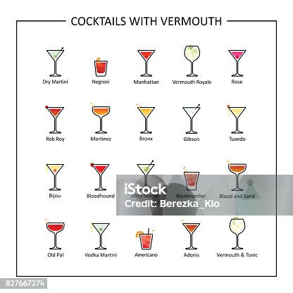istock Cocktails with vermouth guide, colored icons on white background. Vector 827667274