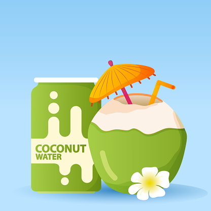 Coco sparkling coconut water  aluminum can.Flat vector illustration.Fresh cocktail of coconuts an umbrella and a straw.Carbonated water.