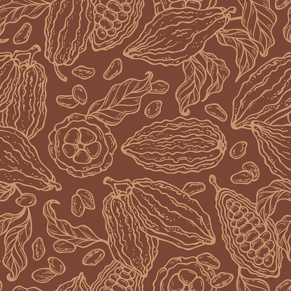 Cocoa Beans and Leaves Vector Seamless Pattern. Cacao Pods. Fruits Floral Background. Brown Chocolate Color