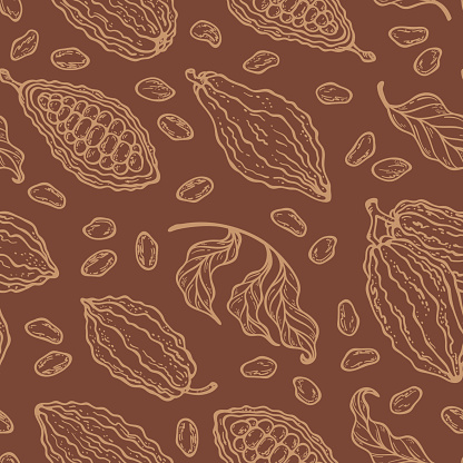 Cocoa Beans, Pods and Leaves Vector Seamless Pattern. Cacao Fruits Floral Background. Brown Chocolate Color