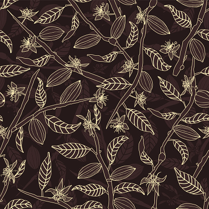 Cocoa tree branches bearing flowers and fruit pods arranged in a forest- like layering seamless vector pattern background.