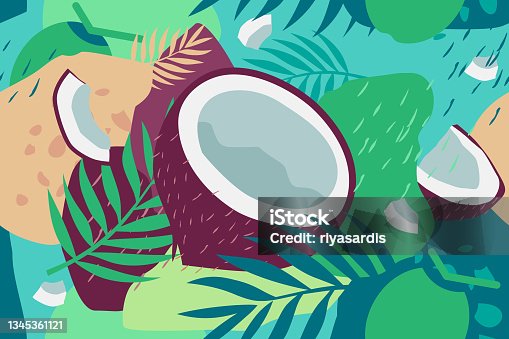 istock Coconut and leaves seamless elements abstract vector design background 1345361121