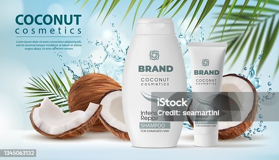 istock Coconut cosmetics, shampoo and cream, water splash 1345063132