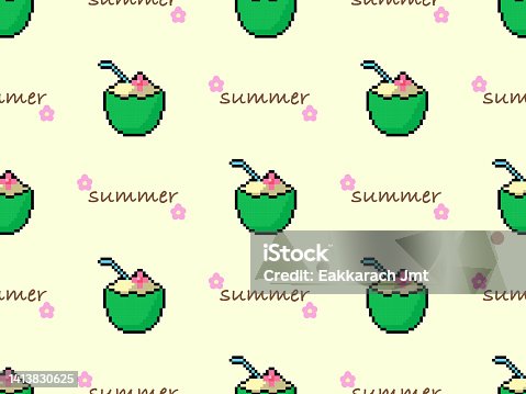istock Coconut seamless pattern on yellow background. Pixel style 1413830625