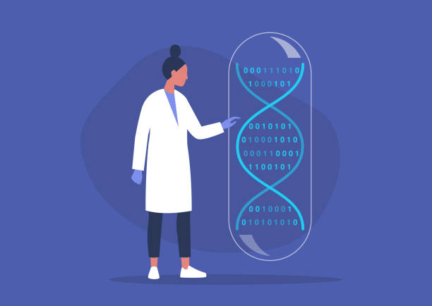DNA code, biotech startup, scientific big data, young female researcher working in a lab DNA code, biotech startup, scientific big data, young female researcher working in a lab data silhouettes stock illustrations