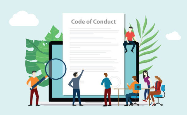 code of conduct team people work together on paper document on laptop screen - vector code of conduct team people work together on paper document on laptop screen - vector illustration morality stock illustrations