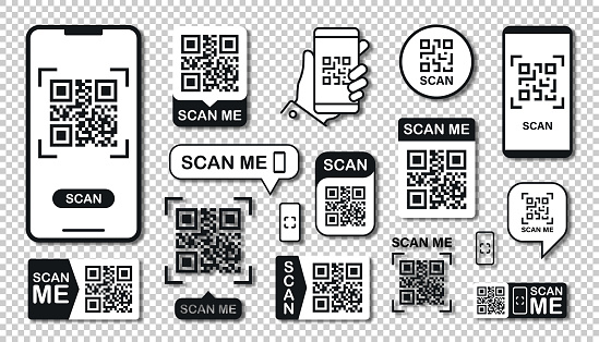QR Code Scan Set. Scan me text. Smartphone usage. Scan QR Code icon. Vector