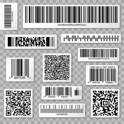 QR codes, bar and packaging labels isolated on transparent background