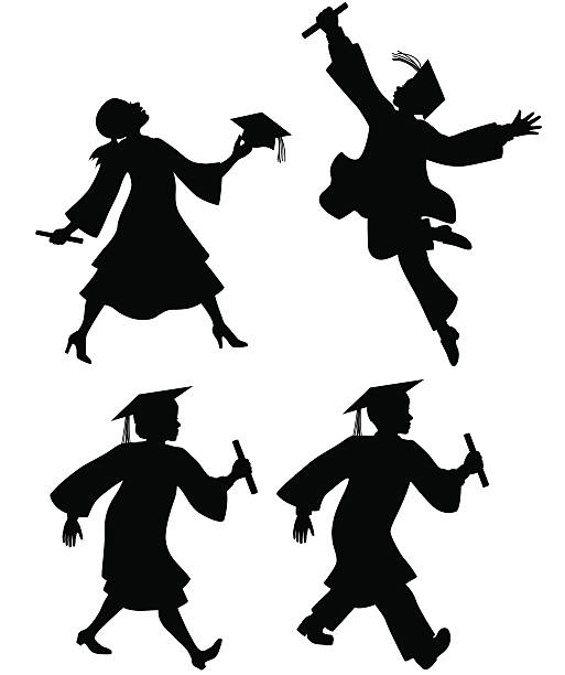 Coed Graduate Silhouettes Four Coed Graduates. Silhouettes show happy male and female graduates walking and celebrating in cap and gown with their diplomas. graduation silhouettes stock illustrations