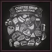 Coffe shop, cafe restaurant, and fast food icons set on backboard