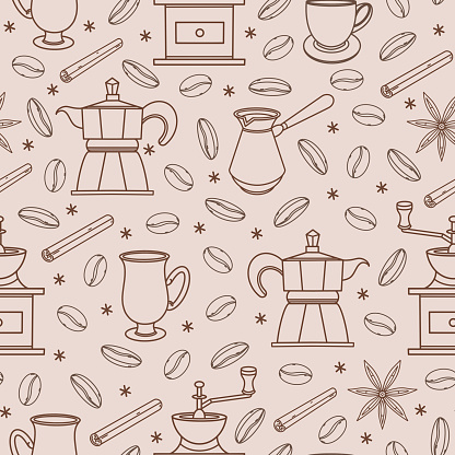 Coffee accessories seamless vector pattern. Hand-drawn illustration on a light backdrop. Attributes for brewing a drink - coffee maker, grinder, beans, turk, mug, cinnamon. Vintage concept.