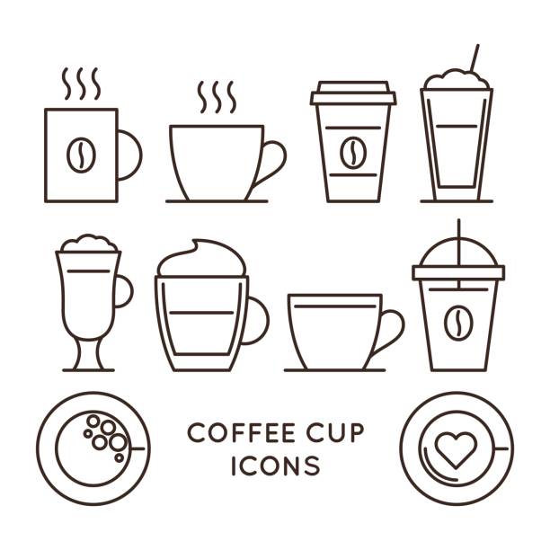 Coffee and tea cups linear icons set Coffee and tea cups linear icons set. Disposable coffee cup and hot drink mug vector symbols. Coffee shop design elements. Cafe and restaurant corporate identity. Coffee house outline web pictograms. coffee cup stock illustrations