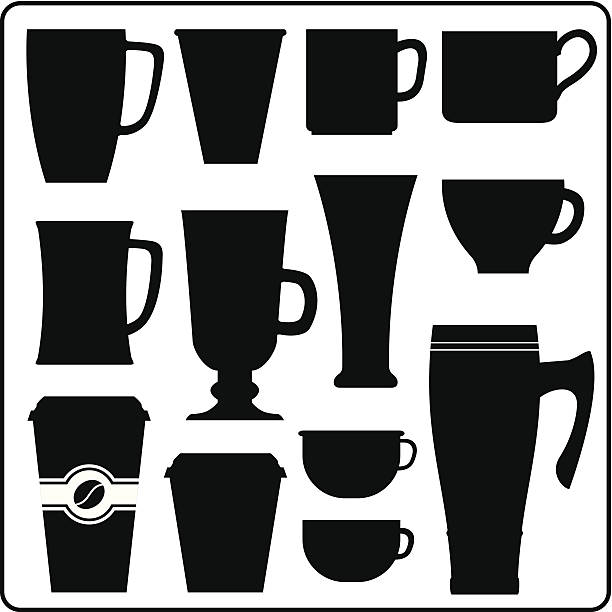 Coffee and tea hot drink cups Coffee cups and mugs in silhouette. Black and white. breakfast silhouettes stock illustrations