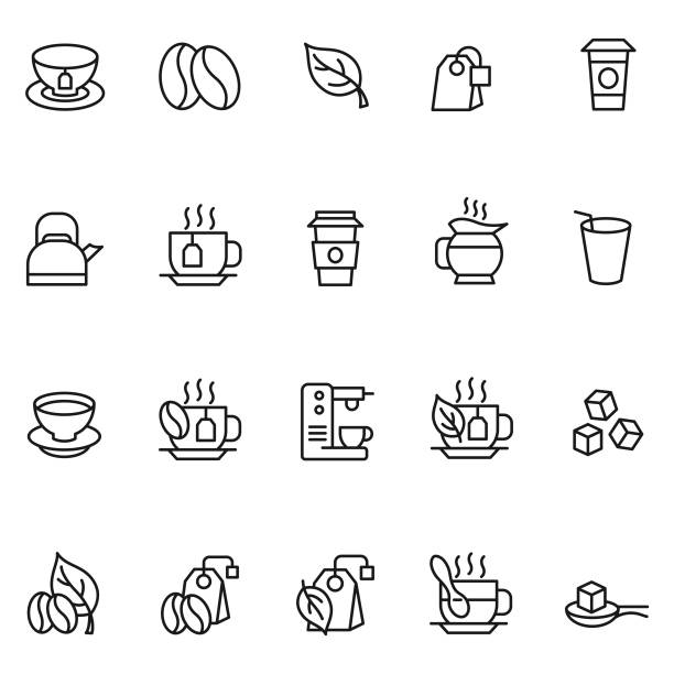kaffee und tee-icon-set - kaffeeautomat stock-grafiken, -clipart, -cartoons und -symbole