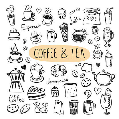 Coffee and tea icons. Cafe menu, sweets, cups, cookies, desserts