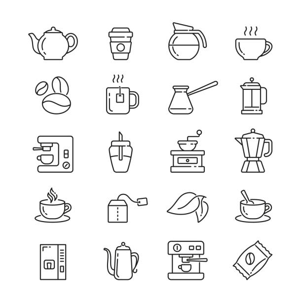Coffee and Tea related icons Coffee and Tea related icons: thin vector icon set, black and white kit caffeine stock illustrations