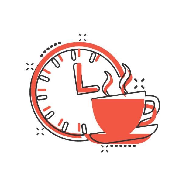 咖啡休息圖示在漫畫風格。時鐘與茶杯卡通向量插圖在白色孤立背景。早餐時間飛濺效果經營理念。 - 休息中 幅插畫檔、美工圖案、卡通及圖標