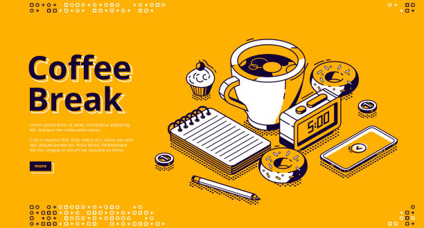 Coffee break isometric landing page, web banner Coffee break isometric landing page. Cup with hot beverage, sweet donuts, smartphone, note pad and alarm clock with 5 a.m time on dial stand on table. Business lunch 3d vector line art web banner sunday coffee stock illustrations