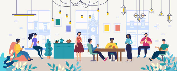 Coffee Break with Colleagues in Office Flat Vector Lunch, Coffee Break with Colleagues in Company, Coworking Office Flat Vector Concept. Multinational Employees, Workers Gathering Together for Informal Conversation on Kitchen, Lounge Room Illustration cultures stock illustrations
