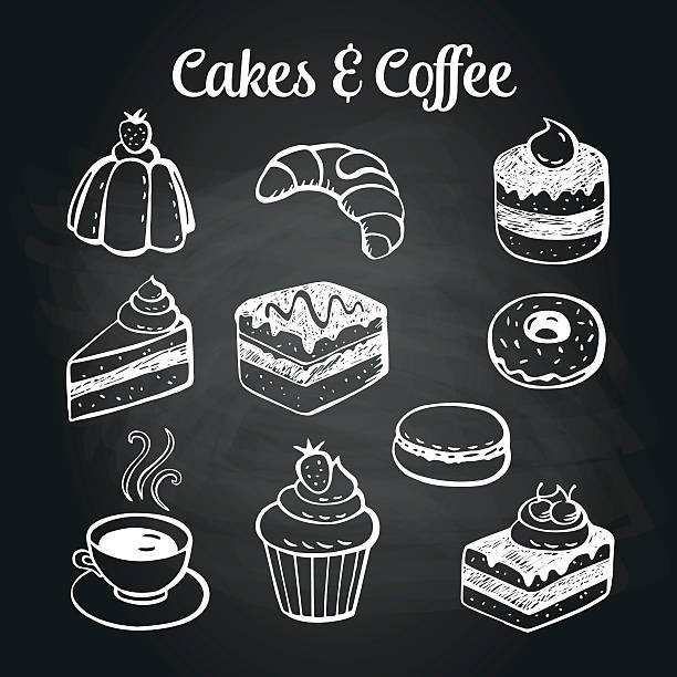 Coffee & Cakes Chalkboard Coffee and desserts doodles on a chalkboard. Can be used as menu board for restaurant or bars. chalk art equipment stock illustrations