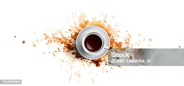 istock Coffee concept on white background - white coffee cup, top view with watercolor coffee splashes. Hand draw and watercolor coffee illustration with beautiful art splashes 1142929902