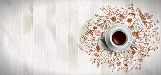 ilustrações de stock, clip art, desenhos animados e ícones de coffee concept on wooden background - white coffee cup, top view with doodle illustration about coffee, beans, morning, espresso in cafe, breakfast. morning coffee vector illustration. hand draw and coffee illustration - background coffee