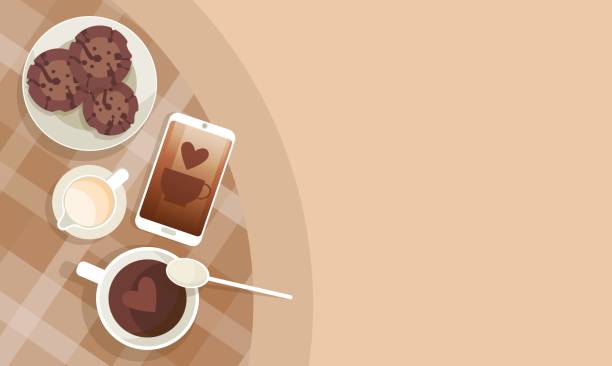 stockillustraties, clipart, cartoons en iconen met koffiekopje break ontbijt drinken drank bovenaanzicht - brownie