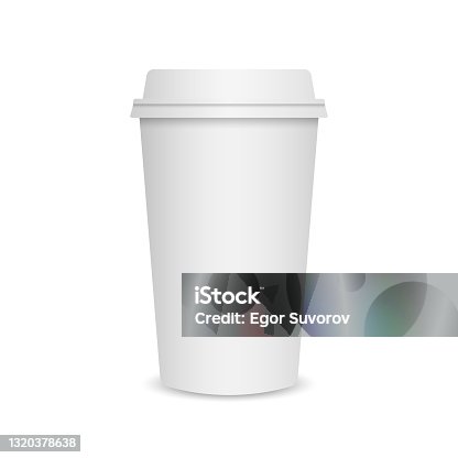 istock Coffee cup mockup. Paper mug template on white background. Coffee to go. Realistic paper cup with plastic lid close up. Takeaway drink isolated. Vector illustration 1320378638