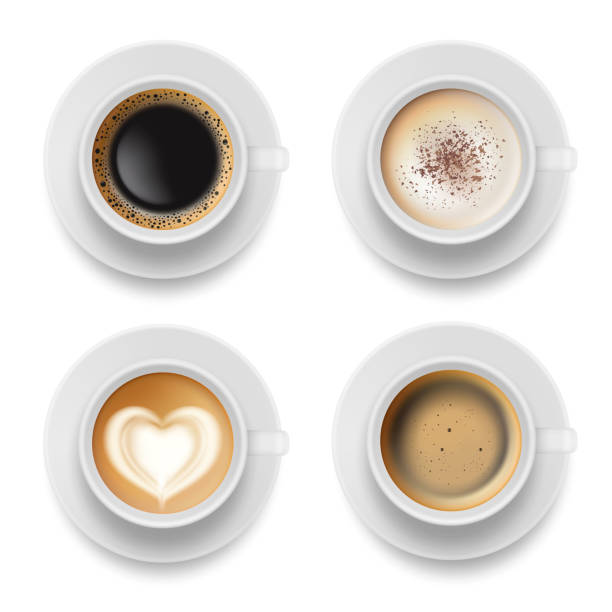 ilustrações, clipart, desenhos animados e ícones de topo do copo de café. leite quente café expresso com leite pequeno-almoço chá vector realista modelo de tempo - city from top