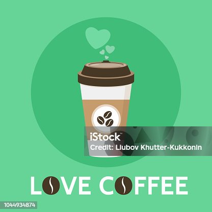 istock Coffee cup vector illustration. Love Coffee signe. Paper coffee cup in flat style. Isolated on green background 1044934874