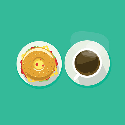 Coffee cup with donut sandwich top view vector illustration