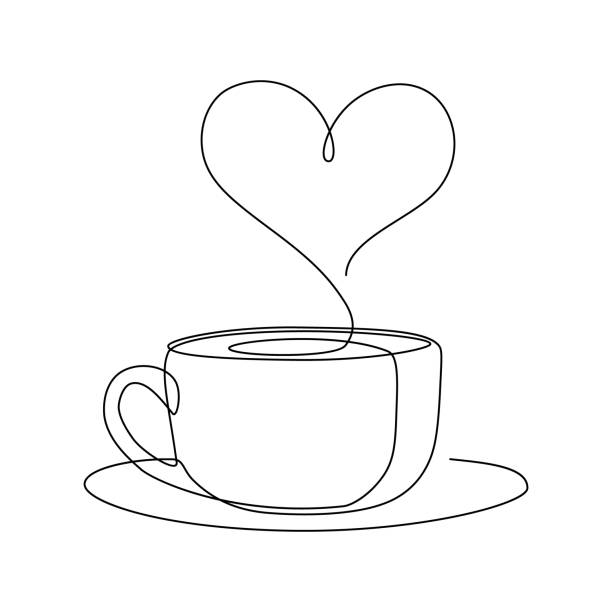 Coffee cup with heart Hot coffee cup with heart shape aroma steam in continuous line art drawing style. Black line sketch on white background. Vector illustration cup stock illustrations