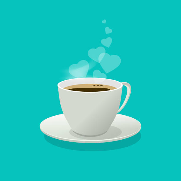 Coffee cup with love hearts as a smoke or steam, flat cartoon design coffee mug isolated on color background Coffee cup with love hearts as a smoke or steam, flat cartoon coffee mug isolated on color background cup stock illustrations
