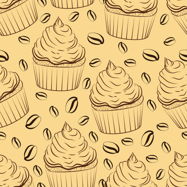 Coffee cupcake. Seamless pattern. Coffee cupcake. Seamless pattern. On a beige background, an outline drawing of a cupcake and coffee beans. Vector illustration. coffee cake stock illustrations