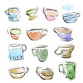 Vector illustration of a set of coffee related objects. Pencil drawings, doodle and sketch style. Color image.