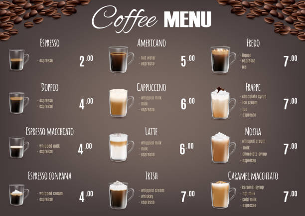 illustrazioni stock, clip art, cartoni animati e icone di tendenza di caffè bevande menu modello vettore di listino - "cafe macchiato"