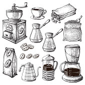 Coffee Hand Drawn Collection. Vector Sketch Illustration Set With Turk Cups Bag With Beans Maker Kettle Cups Latte