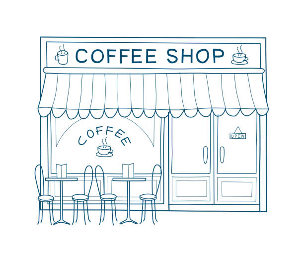 Coffee house facade hand drawn vector illustration Coffee shop front vector illustration on hand drawn style. Line drawing of the front of cafe and restaurant store drawings stock illustrations
