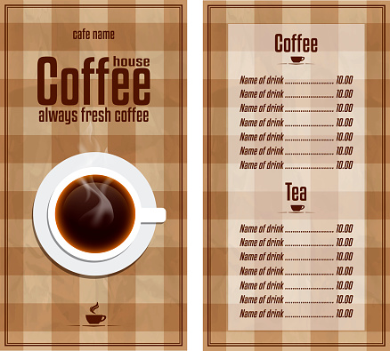 Coffee House menu with a cup. Always fresh coffee. Cafe design menu retro style brown tablecloth background