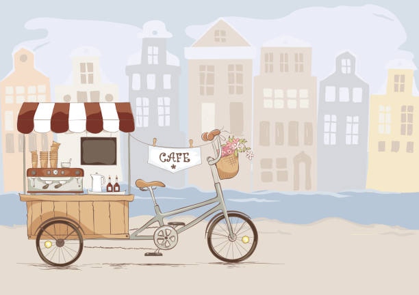 stockillustraties, clipart, cartoons en iconen met koffiehuis op fiets - koffie nederland