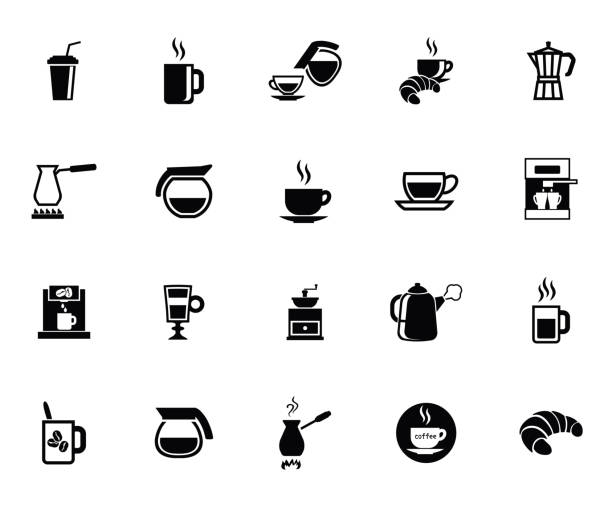 Coffee icons Coffee set of vector black icon on white background breakfast silhouettes stock illustrations