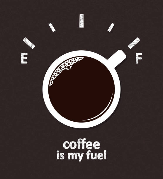 Coffee is my fuel Hand drawn Fuel gauge scale with cup of coffee pointing at full mark over blackboard background. Coffee is my fuel text. Coffee break and recharge, Caffeine addiction concepts caffeine stock illustrations