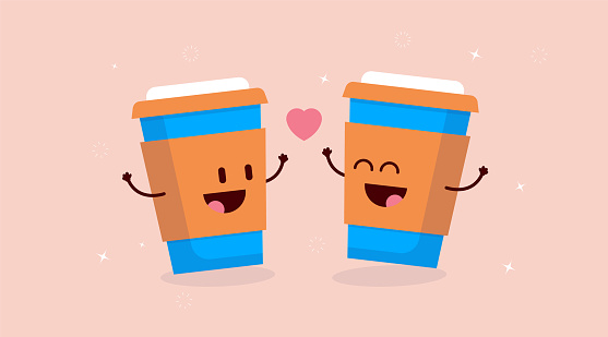 Coffee love - Two happy cute takeaway coffee cups friends cheering with a heart between them