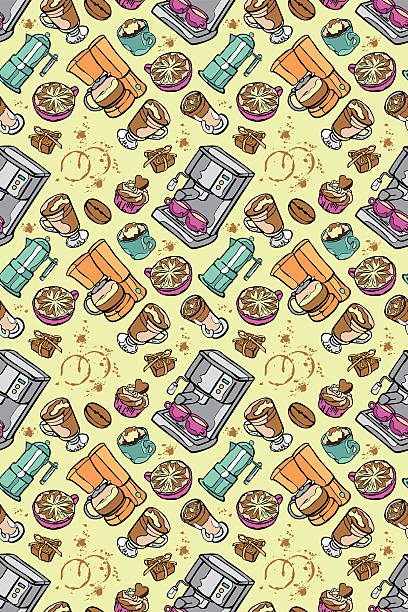 Coffee machine. Coffee pot and coffee cup. Vector seamless pattern. Coffee machine. Coffee pot and coffee cup. Coffee stains. Coffee splashes. Coffee dessert. Vector seamless pattern (background). coffee cake stock illustrations