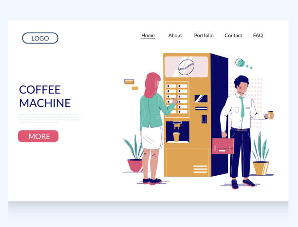 kaffeemaschine vektor website landing page design vorlage - kaffeeautomat stock-grafiken, -clipart, -cartoons und -symbole